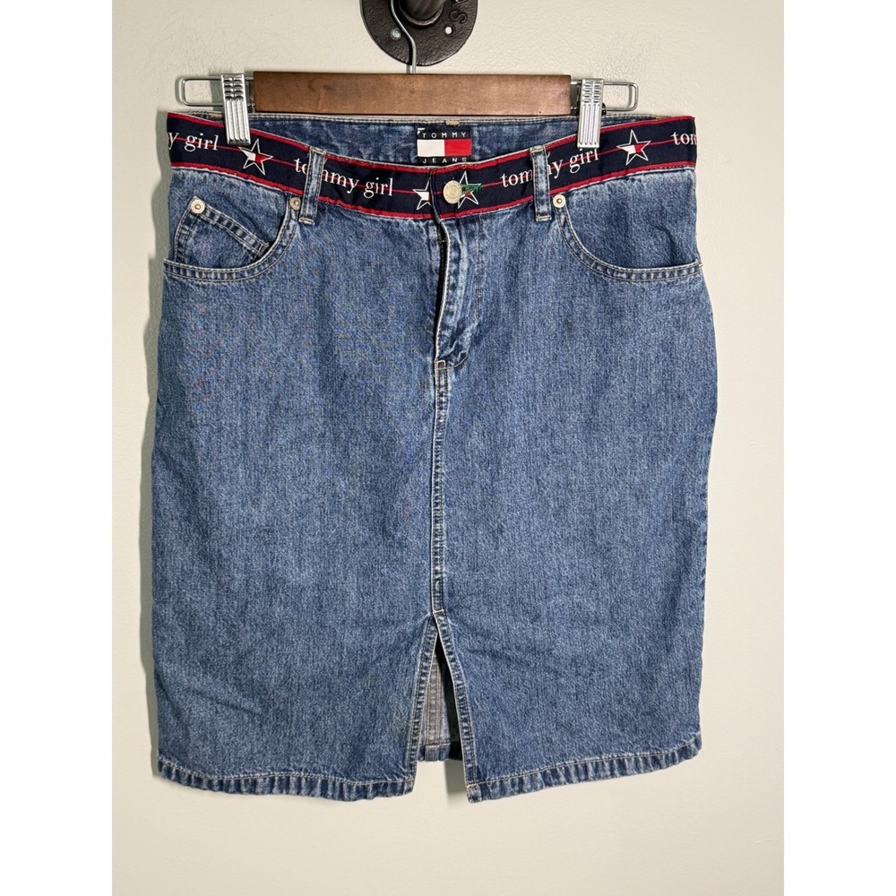 Vintage Tommy Hilfiger Tommy Girl Denim Skirt Y2K Logo Waistband Blue Size 9